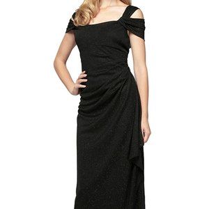 ALEX EVENINGS BLACK COLD SHOULDER GLITTER MESH DRESS W/DRAPED SKIRT